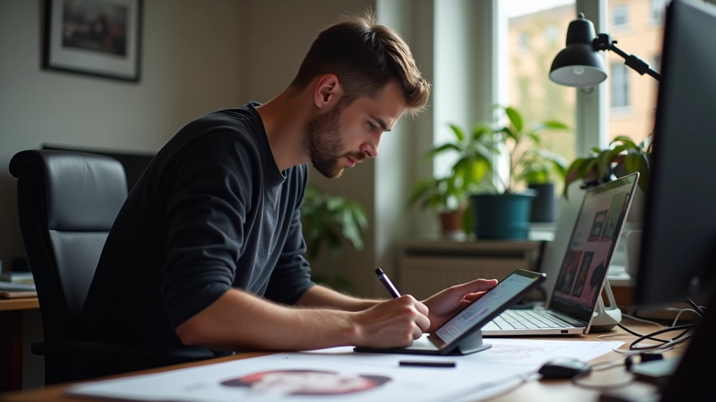 Animatrice travaillant à son bureau avec tablette graphique, croquis d'animation étalés, concentration intense