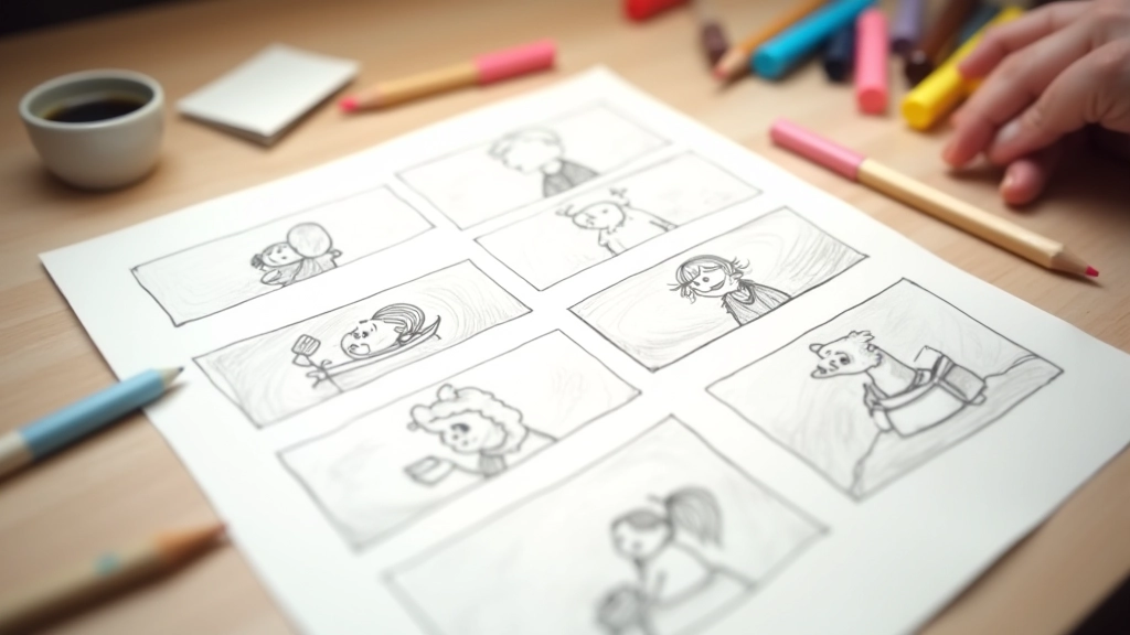Storyboard dessiné pour un court métrage d'animation, plans successifs montrant progression narrative